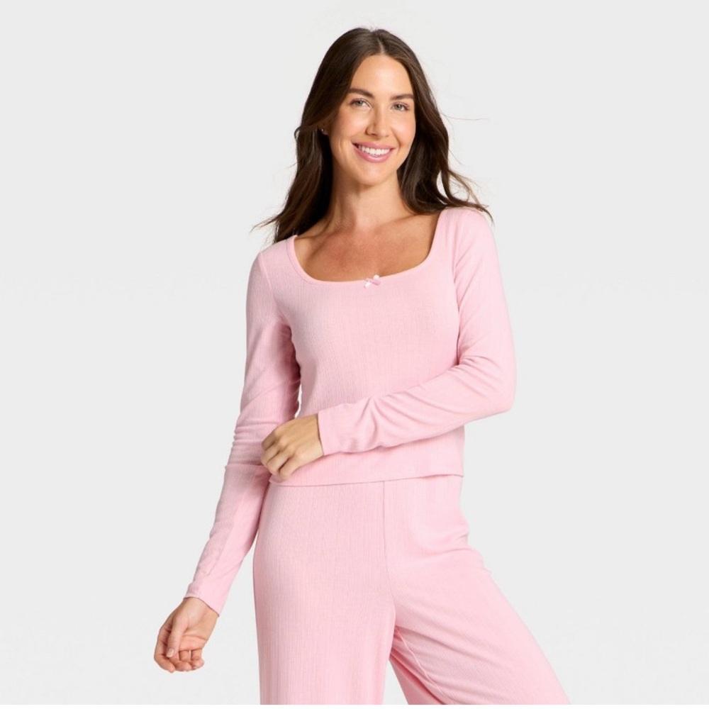 Women's Variegated Ribbed Long Sleeve Pajama Top - Auden™ Pink L